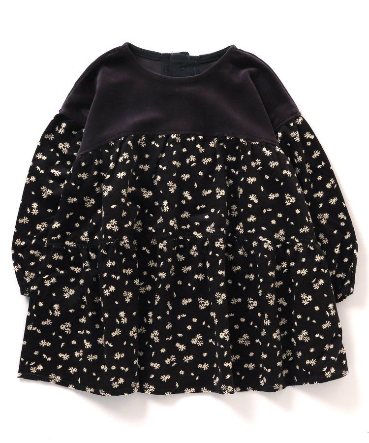 日本 BREEZE - 華美異素材拼接傘狀長袖洋裝-炭黑小花