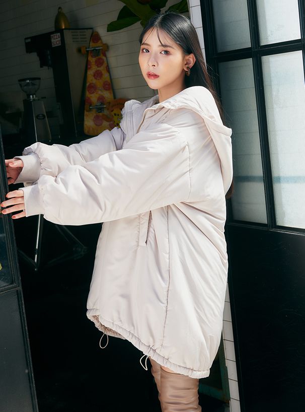 日本 GRL - 街頭感寬鬆鋪棉連帽外套-淺灰 (F)