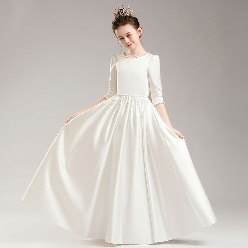 公主風緞面七分袖禮服-珍珠白