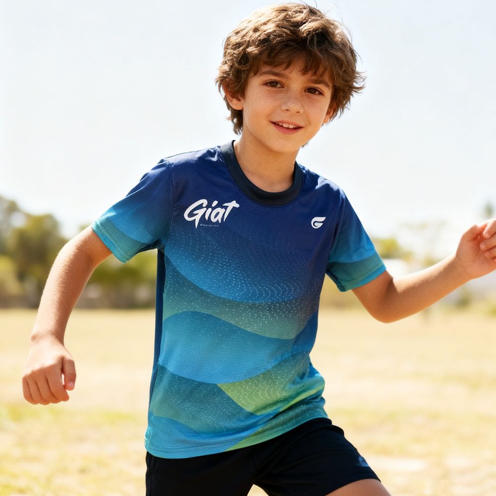 兒童設計款吸濕排汗休閒運動衣-短袖-海洋律浪/藍綠