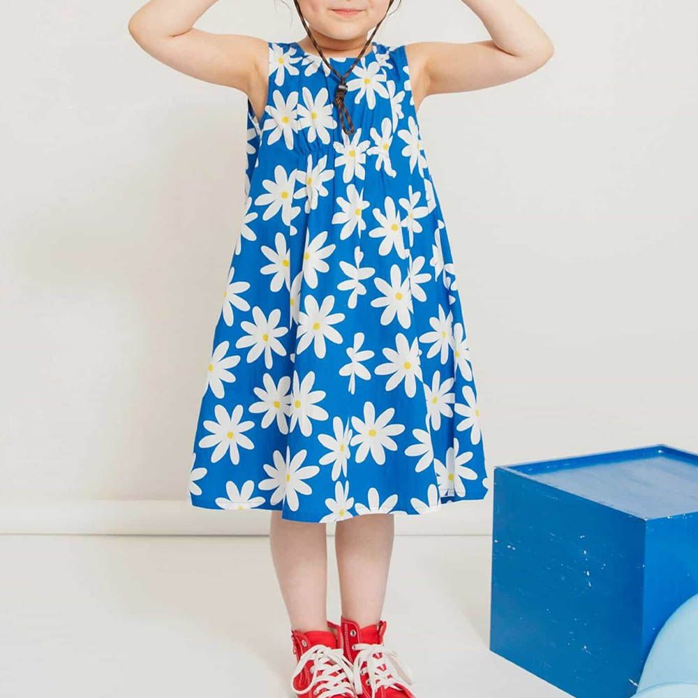 可愛女孩傘狀印花背心洋裝-小雛菊-藍