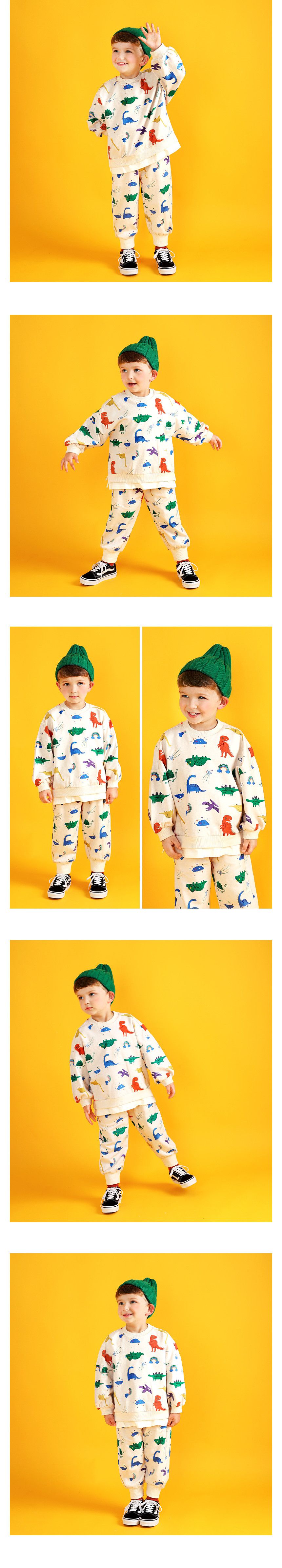 韓國 WALTON kids - 滿版恐龍圖畫圓領長袖套裝-奶油白