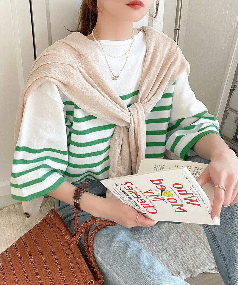 日本 Classical Elf - 圓領透氣橫條紋五分袖上衣-白x綠