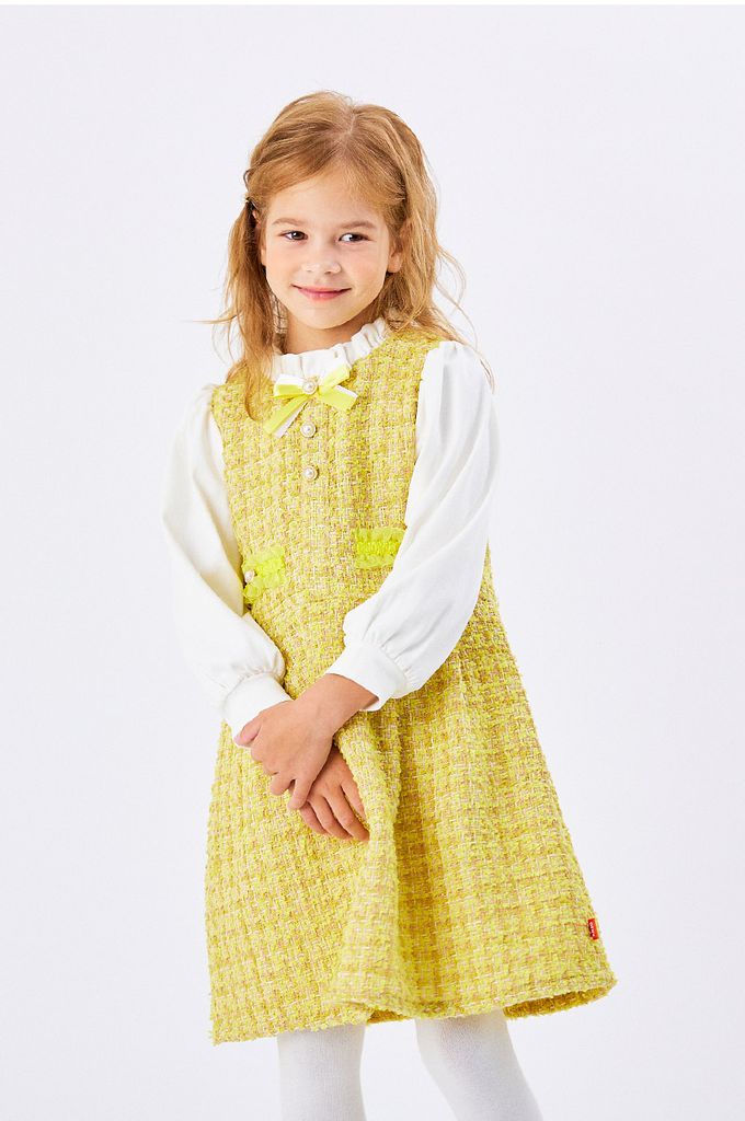 韓國 OZKIZ - (附包包)編織拼接感連身洋裝-黃