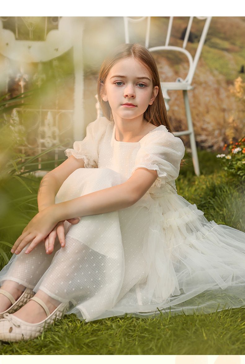 Little Deeyoo - 方領公主袖網紗蛋糕連身洋裝-米白色