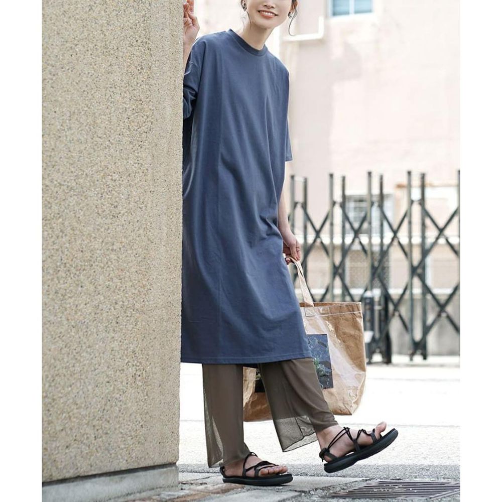 日本 zootie - Design+ 簡約透氣百搭短袖洋裝-煙燻藍