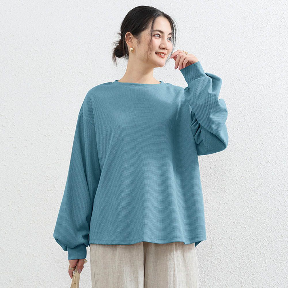 華夫格百搭澎澎長袖上衣-霧霾藍 (F)