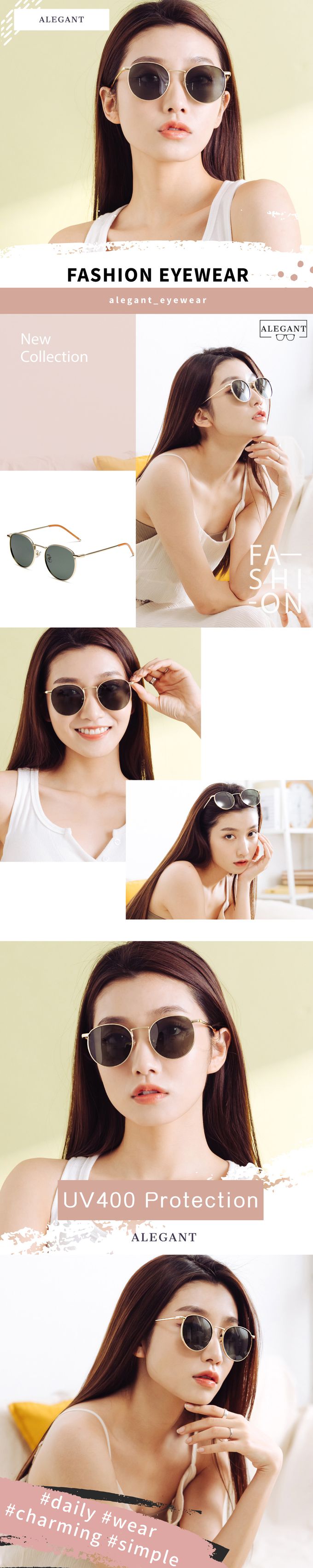 ALEGANT - 質感古著松葉綠金色圓框偏光墨鏡│UV400太陽眼鏡