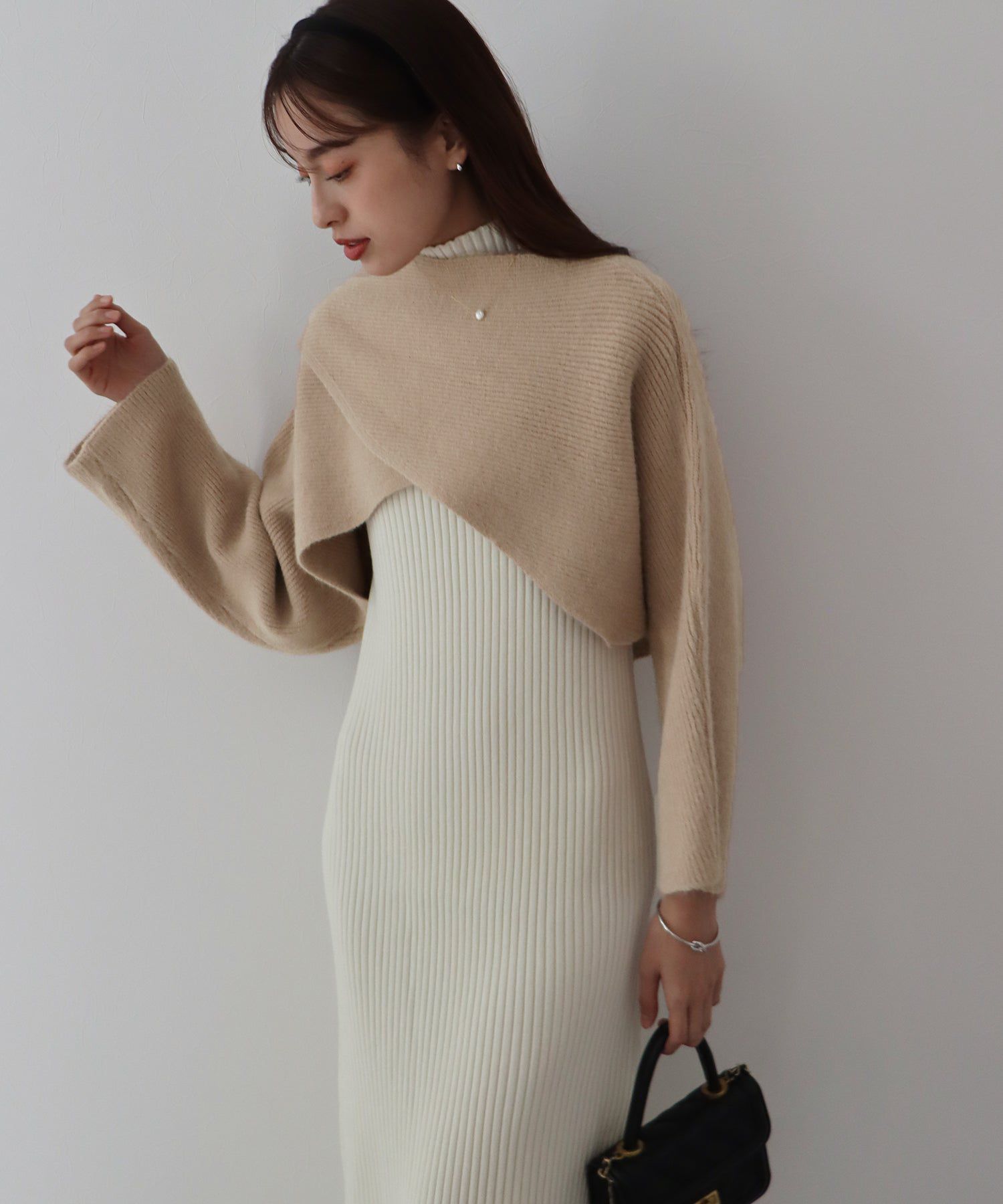 日本 BLUE EAST - 交叉短版針織長袖罩衫-淺灰