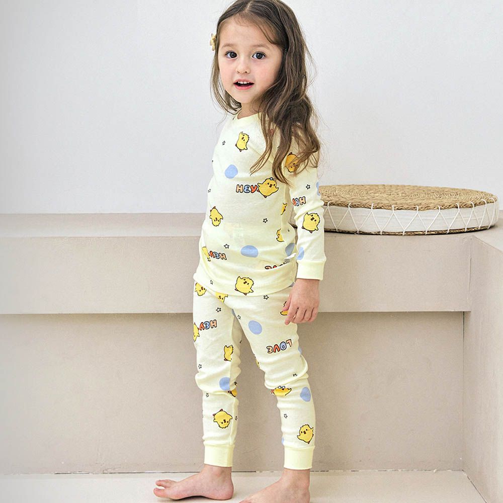 細緻柔棉彈性長袖家居服-圓點小黃鴨-淺黃