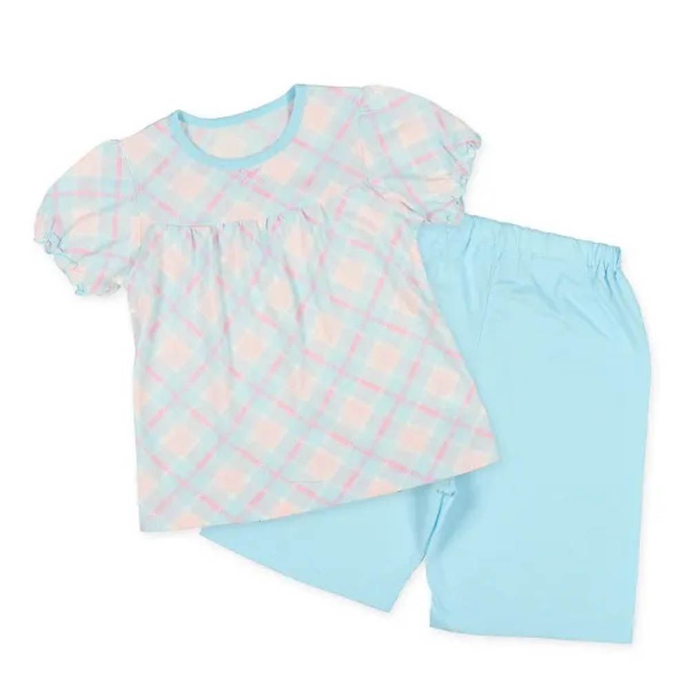 清爽短袖家居服/睡衣-格紋-藍x粉紅