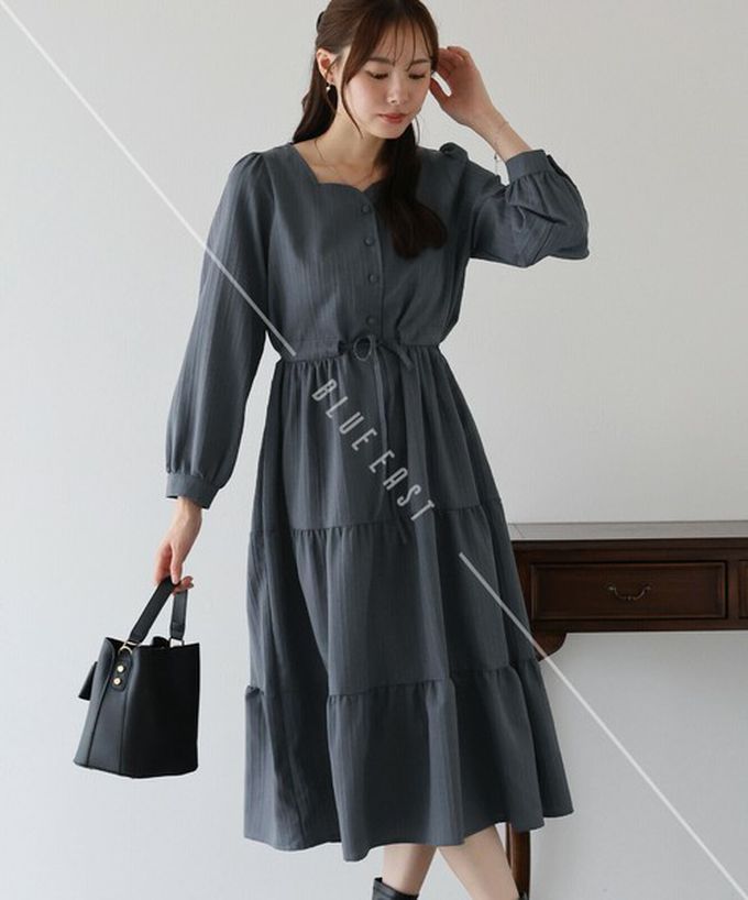 日本 BLUE EAST - 美型桃心領腰綁帶分層泡泡袖洋裝-黑