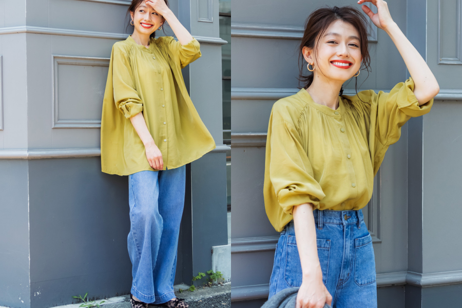 日本 COCA - 光澤感抓皺雪紡圓領長袖襯衫-紫