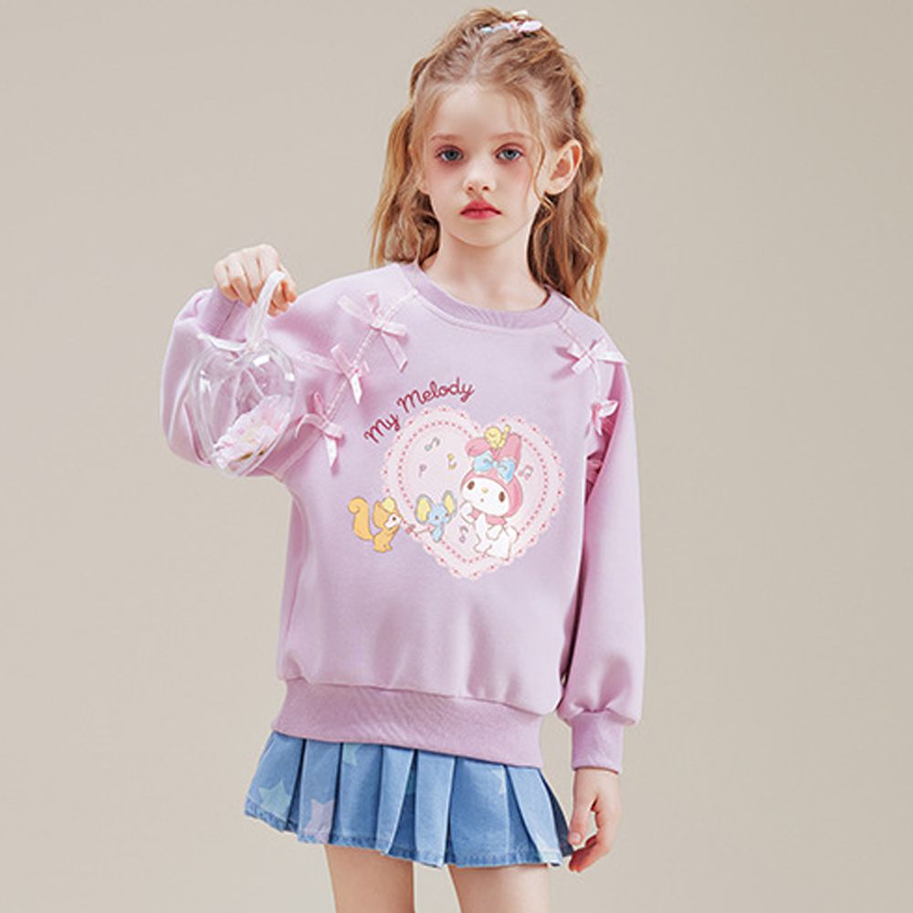 甜美蝴蝶結愛心印花長袖上衣/大學T-卡通人物美樂蒂-粉紫