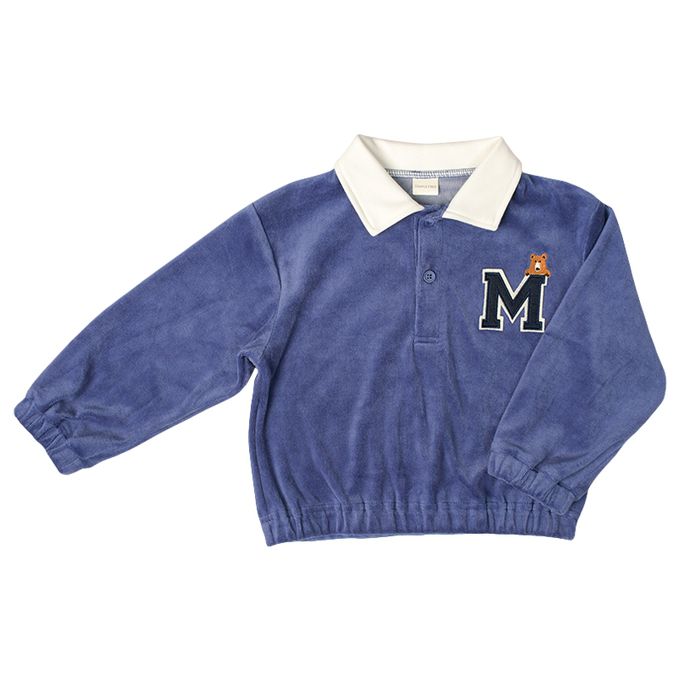 akachan honpo - 長袖亨利領休閒上衣-天鵝絨-深藍色