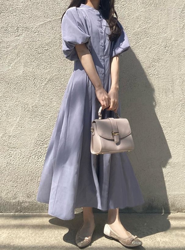 日本 GRL - 小立領收腰修身泡泡袖排扣洋裝-石墨灰