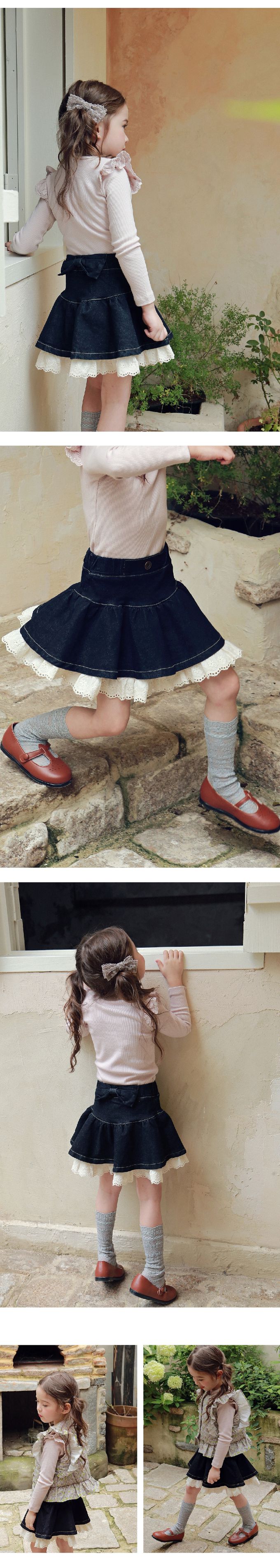 韓國 Puellaflo - 鬆緊腰蝶結裝飾層次丹寧短裙-黑藍