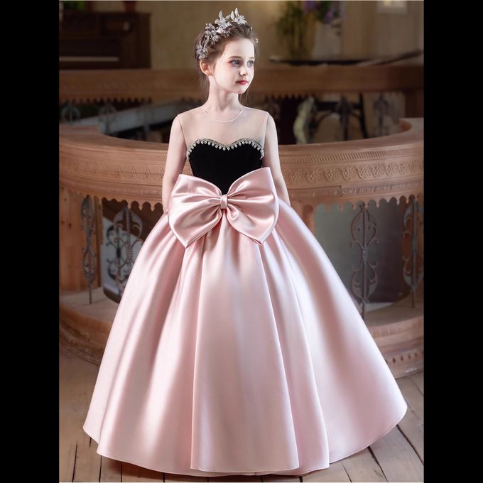 love, charlotte - 法式水鑽平口大蝴蝶結厚磅緞長禮服 - 黑粉色