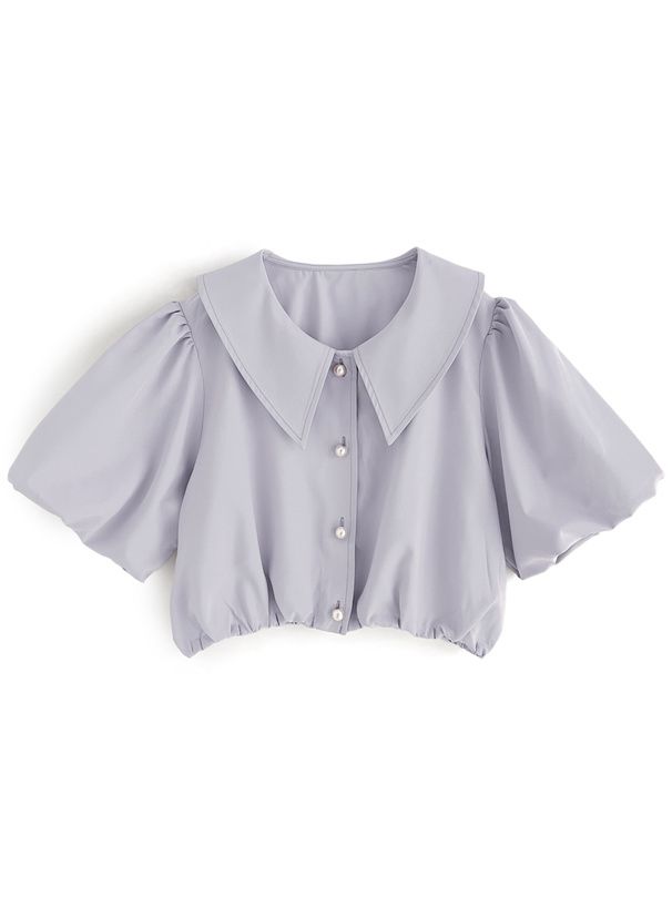 日本 GRL - 浪漫翻領珍珠釦泡泡袖襯衫-淺水藍 (F)