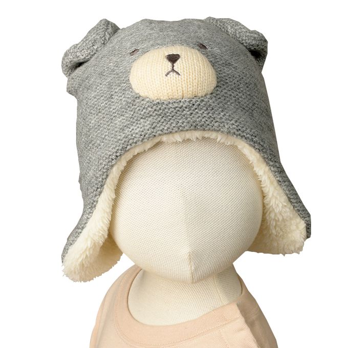 akachan honpo - 冬季針織帽-動物 內裡刷毛-灰色