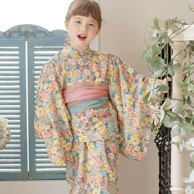 日本 Catherine Cottage - 夢幻2way純棉兵兒帶浴衣(可當洋裝)-紫陽花與蝶-粉黃