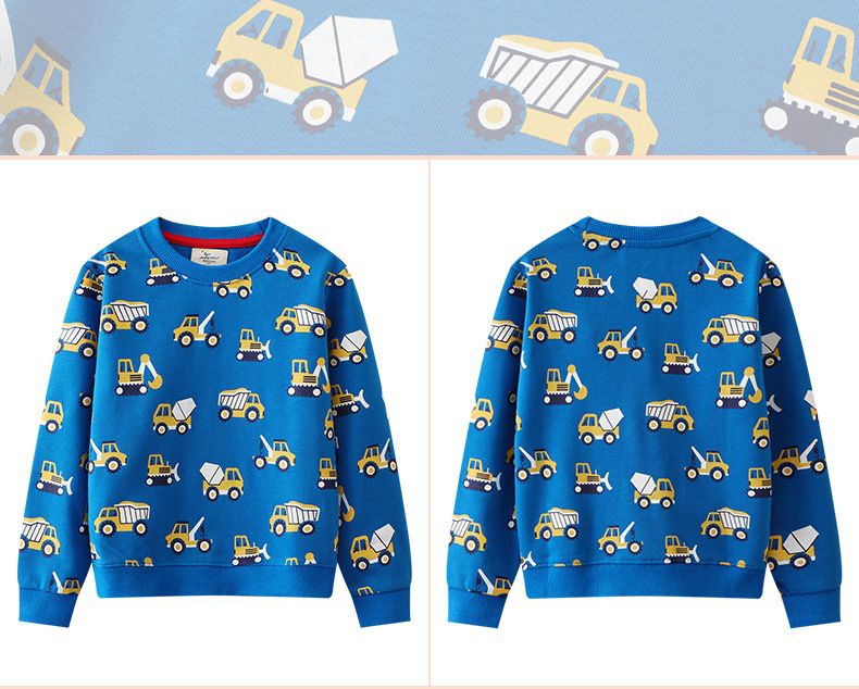 Jumping meters - 圓領棉質長袖上衣/大學T-滿滿工程車-藍色