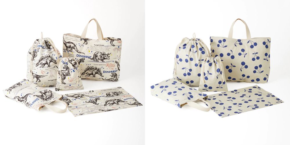 日本千趣會 - 日本製 多功能上學提袋五件組-花朵-灰粉