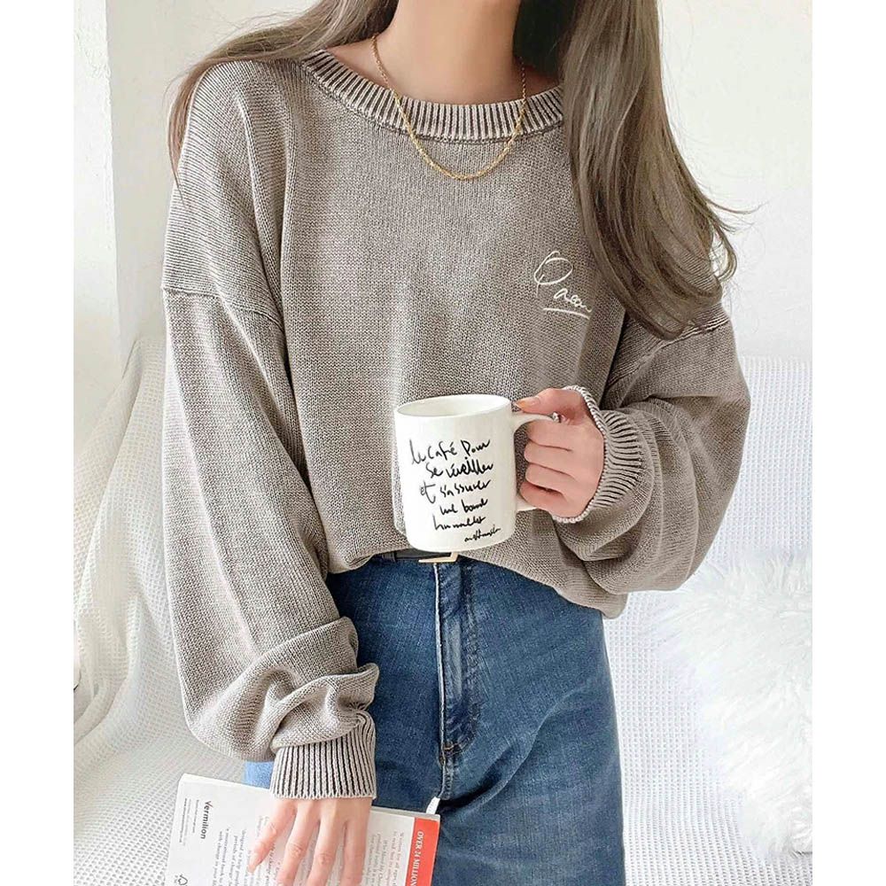 厚磅棉復古刷色感logo長袖上衣-大地棕