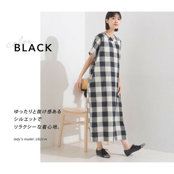 日本 OMNES - 100%印度棉 清爽格紋短袖洋裝-黑白