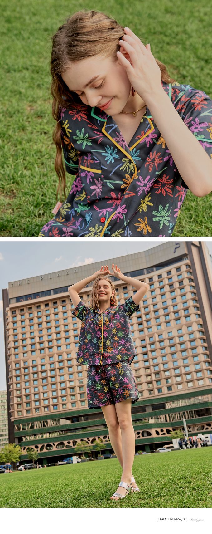 韓國 ULLALA - (情侶款)彩繪花口袋短袖睡衣套裝-女款-藍黑 (FREE)