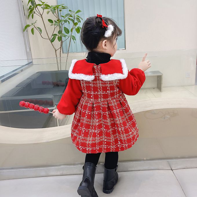 加厚翻領格紋連身裙-立體熊熊-紅色