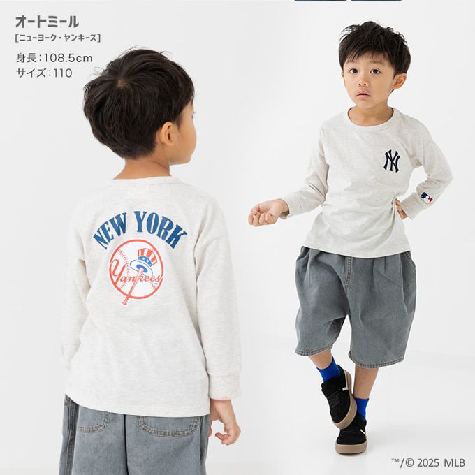 日本 Chil2 - MLB聯名 品牌刺繡長袖上衣-紐約洋基-燕麥