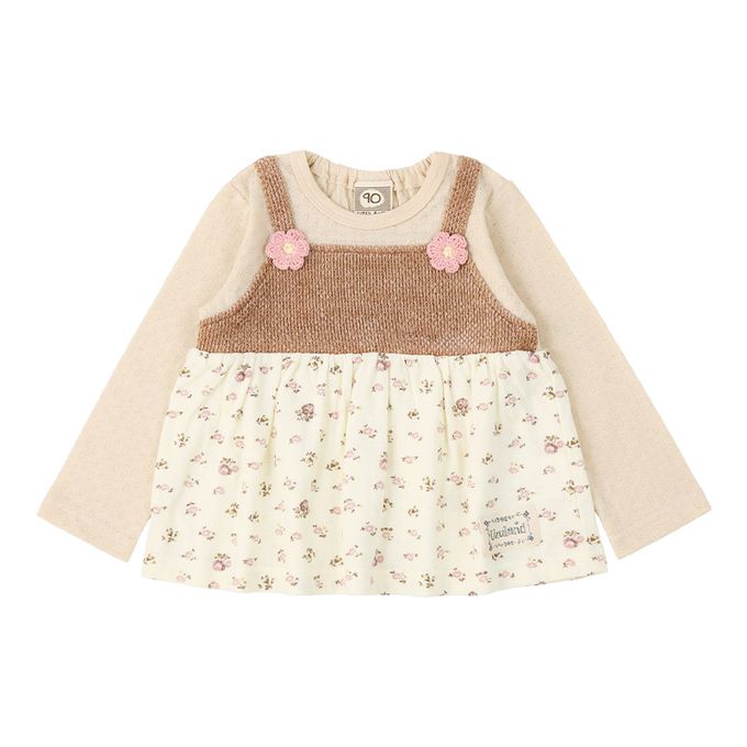 日本 ZOOLAND - 清新紋理假二件長袖上衣-小花肩帶-粉紅