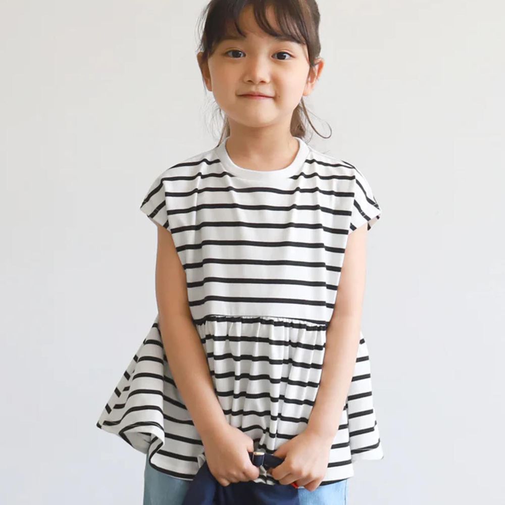 日本 COCA - 橫條紋簡約休閒短袖上衣-孩子-黑