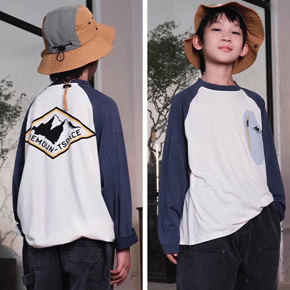 棉質圓領長袖上衣-撞色口袋-拼袖杏