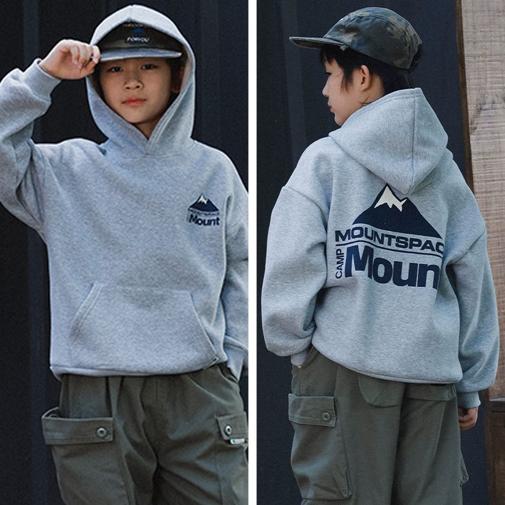 保暖加絨山系印花連帽長袖上衣-灰色