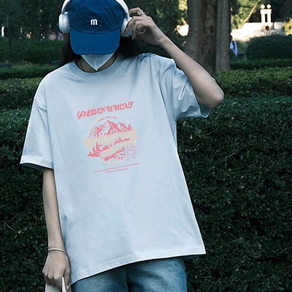 純棉寬版印花T恤-粉色山脈-藍色