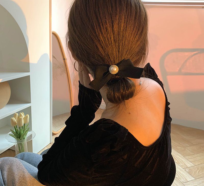 法式優雅珍珠蝴蝶結髮圈