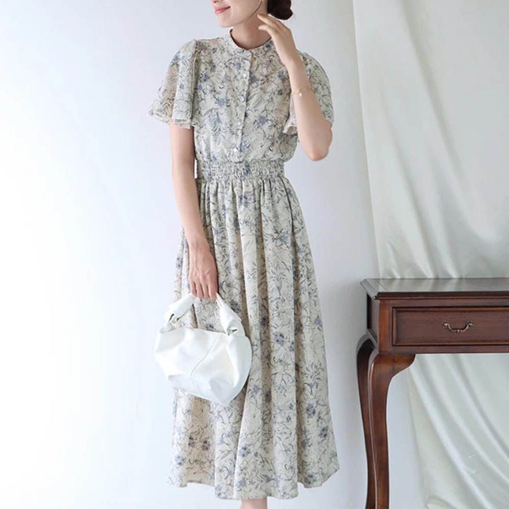 浪漫時光碎花雪紡短袖洋裝-水彩花紋-杏