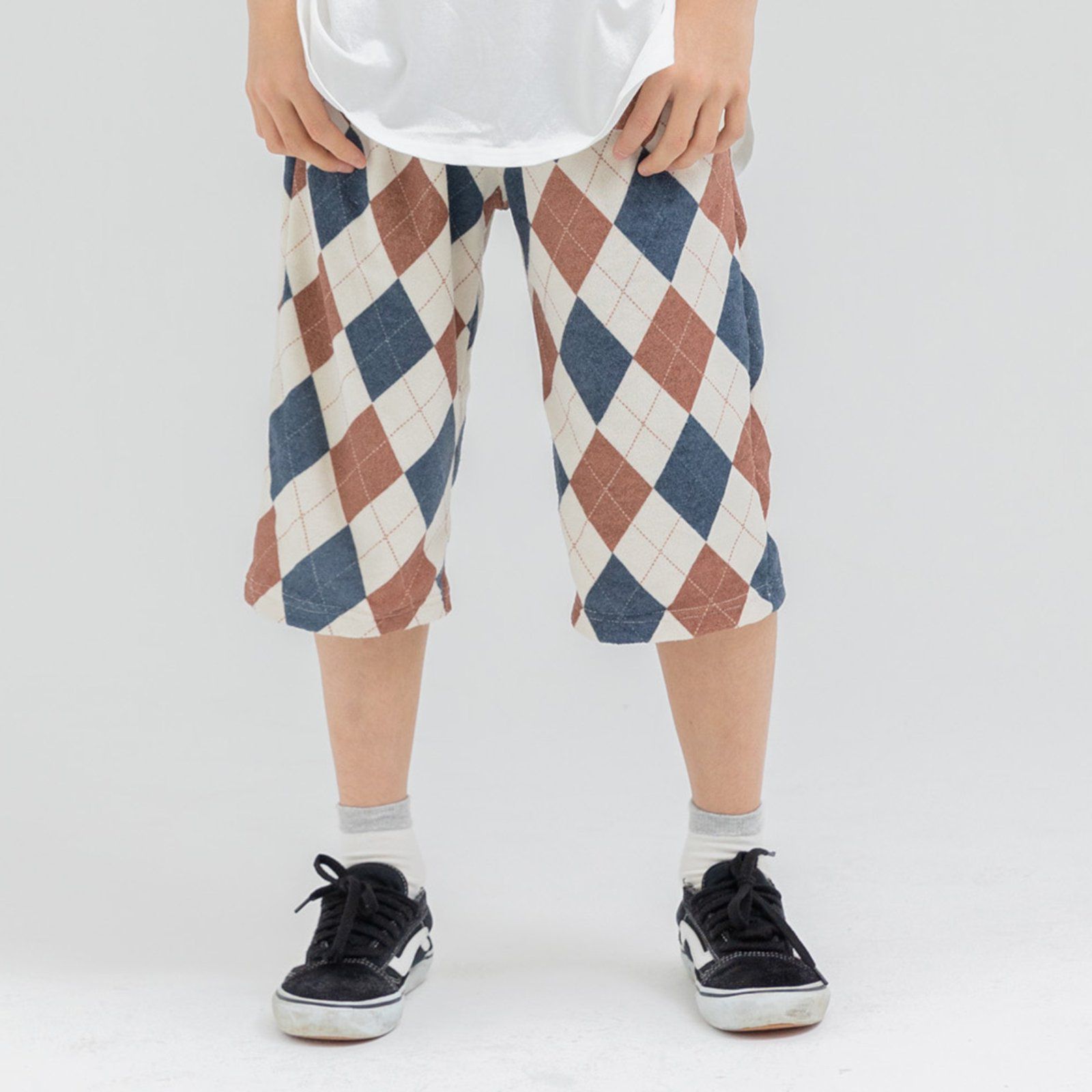 日本 Chil2 - 清爽起絨布寬版印花短褲-格子-黑白