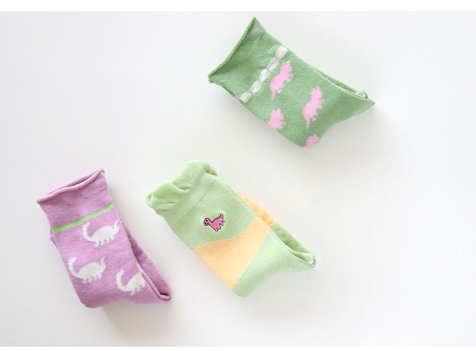 韓國 Kokacharm - 兒童中長襪/襪子三入組-恐龍冒險-深藍X天藍X紫