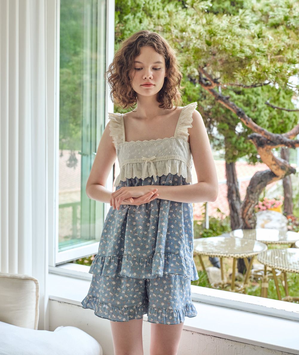 韓國 ULLALA - 蕾絲花邊無袖睡衣(兩件式)-藍 (FREE)