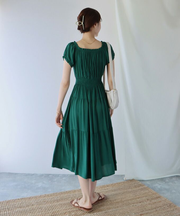 日本 BLUE EAST - 絕美平口縮腰泡泡袖洋裝-碎花-藍