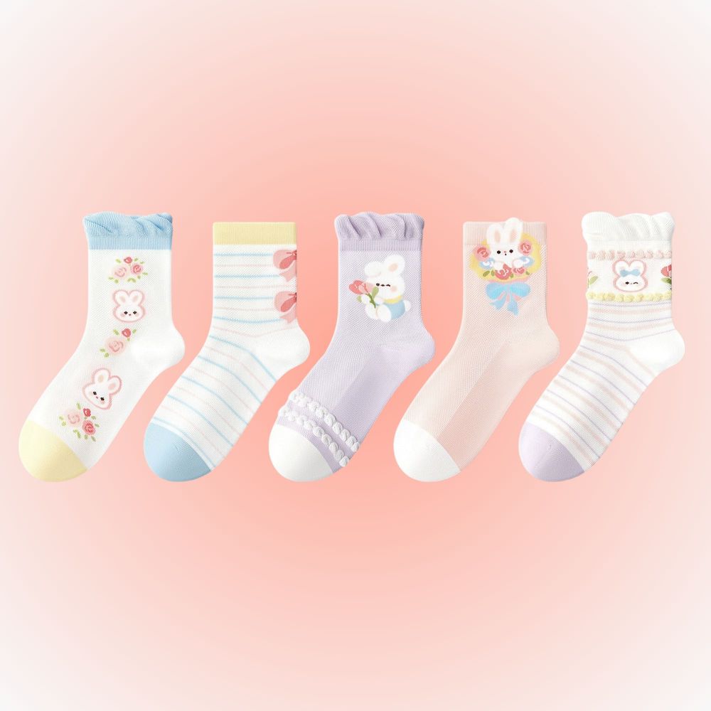 泡泡花邊小兔花束網眼棉襪-中筒襪-5 雙一組