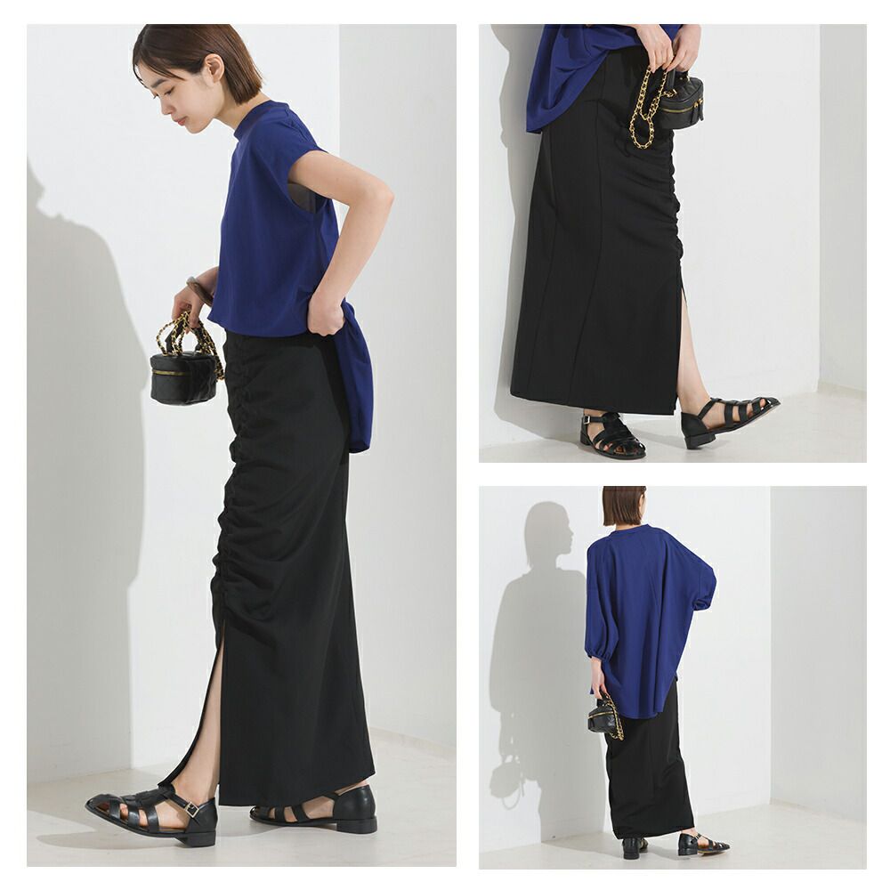 日本 OMNES - 優雅抽繩小開衩修身長裙-淺卡其