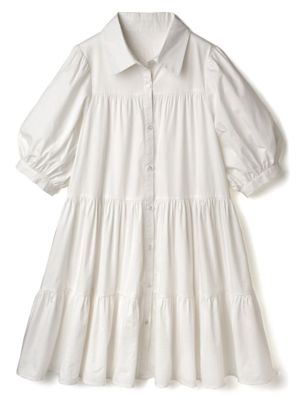 日本 GRL - 聯名款 蛋糕層次泡泡袖襯衫洋裝-灰褐杏