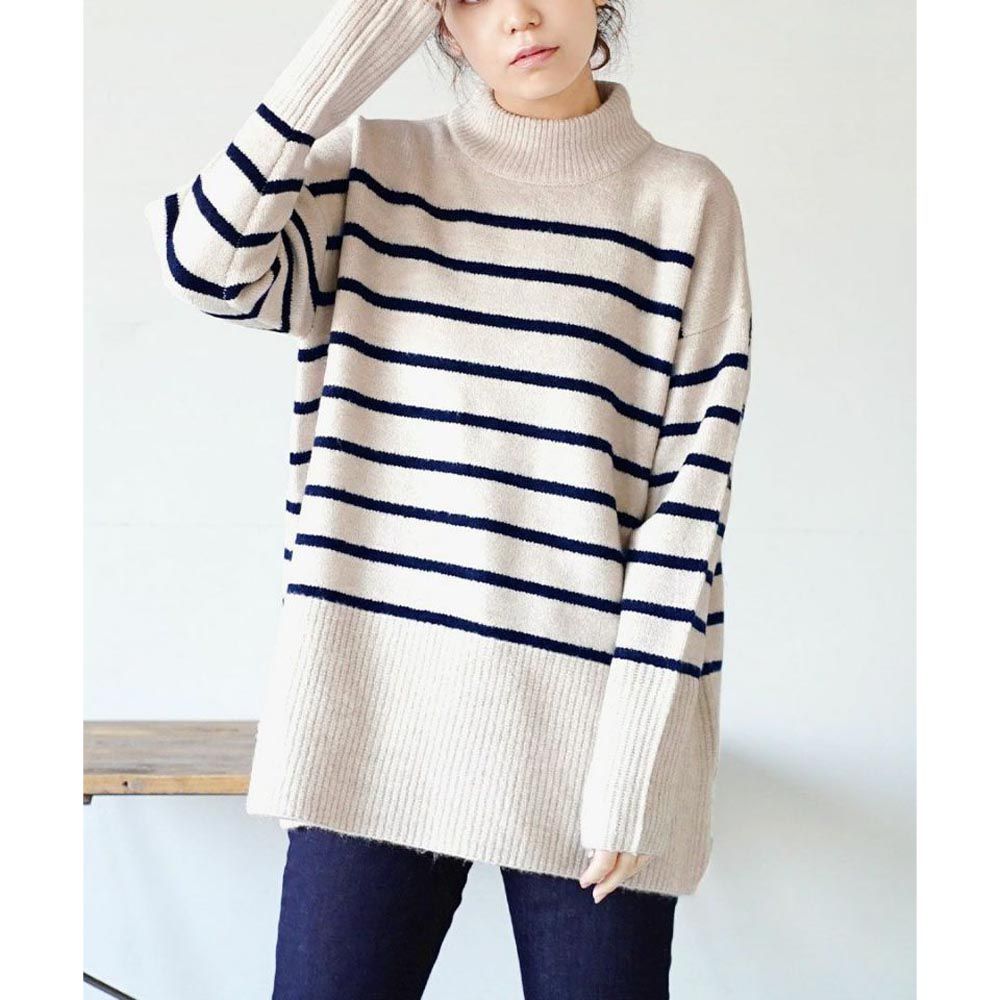日本 zootie - 定番條紋長版針織毛衣-燕麥x深藍