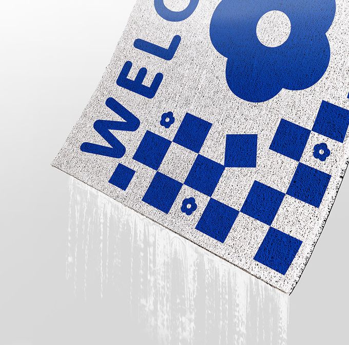 防塵刮沙入門玄關腳踏墊-格紋+花花-藍+白