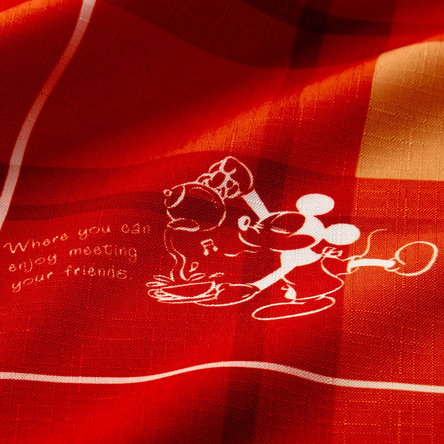 日本千趣會 - 迪士尼防潑水桌巾-米奇-橘紅格紋