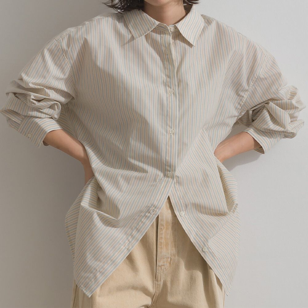 2way穿法俐落條紋寬版襯衫-卡其